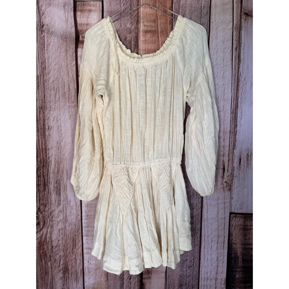 Free People Mini Dress Boho Crochet Gauze Long Sleeve Ivory Cottagecore Medium